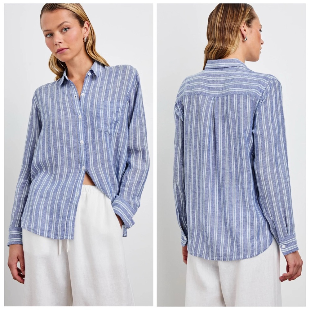 Rails Charli Lake View Chambray Blue and White Button Down Linen Blouse Small